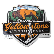 Vintage Yellowstone National Park Porcelain Sign - Bison Geyser Shield Sign picture