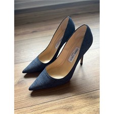 JIMMY CHOO Romy 85 Blue Denim Snakeskin Accent Pointed Toe Pump Heel 38 picture