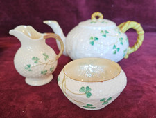 Belleek Ireland 4-Piece Tea Set Teapot Creamer Sugar SHAMROCK Basketweave picture