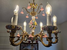 FAB Vintage Italian Porcelain Capodimonte Rose Floral Brass 5 Light Chandelier picture