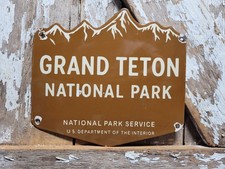 VINTAGE GRAND TETON PORCELAIN SIGN OLD NATIONAL PARK FOREST WYOMING CABINS FISH picture
