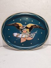 Vintage Patriotic Bald Eagle Metal Serving Tray Green American Flag 14.5” picture