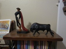 Vintage Collectible Mexican Folk Art J. Pinal Signed Wood Bullfighter and Bull picture