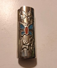 Vintage 1970s Silver-Tone Metal Butterfly Bic Lighter Case Cover Turquoise NEW picture