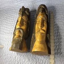 Vintage Hand Carved Wood Busts 15”Folk Art Pair King & Queen picture