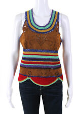 Roberto Cavalli Womens Striped Crochet Knit Laser Cut Suede Top Brown Size IT 42 picture