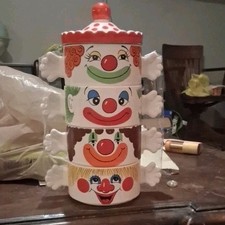 Vintage 1980s Stackable Ceramic Clown Soup Bowls Set of 4 with Hat Lid Japan picture