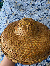 Vintage 1970s Woven Bamboo Round Rice Paddie Sun Hat picture