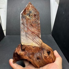 570g Natural Rutilated Quartz Obelisk Crystal Mineral Reiki Decor+ Stand picture