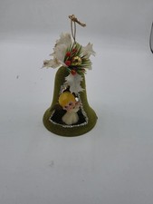 VTG 1970's Avocado Green Flocked Angel Bell Diorama Ornament   picture