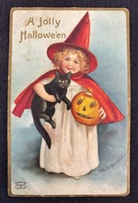 Vintage Jolly Halloween Postcard Clapsaddle Witch Black Cat International Art picture