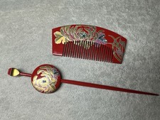 Vintage Japanese Kimono Hair Comb & Kanzashi Pin Set Red Lacquer Gold Floral picture