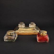 Antique Style Oak Desk Inkstand Silver Plate Tray + 4 Glass Inkwells Set picture