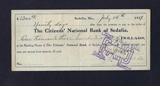 1919 Citizens’ National Bank of Sedalia MO Promissory Note w/ Revenue Stamps picture
