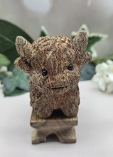 Calligraphy Stone Highland Cow Mariam Jasper Carving Crystal Cow w Wood Stand picture