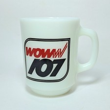 1980s Radio Station WOWW 107 WRGV Stereo FM Mug Milk Glass Anchor Hocking USA picture