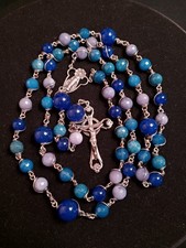 Genuine Sterling Silver Wire Wrap Blue Gray Aqua Quartz Opalite Handmade Rosary picture