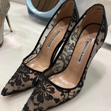 Manolo Blahnik BB Black Lace and Satin Pointed-Toe Pumps picture