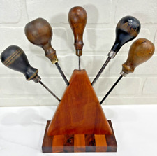 Vintage Awl set of 5 with Handcrafted Wood Display Leather or Wood Crafter picture