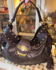 VINTAGE RARE JUST CAVALLI CHOCOLATE LEATHER STUDED HOBO BAG W/TASSELS EXCELLENT picture