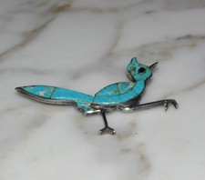Vintage ZUNI Sterling TURQUOISE ROADRUNNER BROOCH Ellen Quandelacy Bird Fetish picture