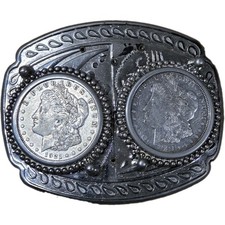 Vintage Western Belt Buckle featuring (2) Genuine 1921 Morgan Silver Dollars picture