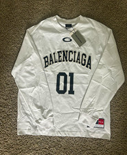 Balenciaga Men’s M White Cotton Jersey Long Sleeve Crew Neck Logo Tee picture