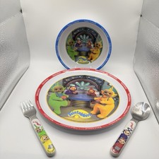 Vintage 1998 TELETUBBIES Tubby Custard Melamine Cereal Bowl & Plate w Fork Spoon picture