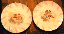 Set 2 Antique c1890 CHERUBS ANGELS Porcelain DECORATIVE PLATES Pinks BEADED RIM picture