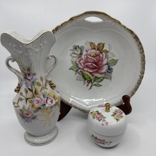 Lot Of 3 Vintage White w/ Pink Floral Gold Trinket Box- Plate-Vase picture
