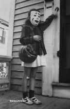 Vintage Halloween Photo/1950's YOUNG GIRL IN CREEPY MASK/4X6 B&W Photo Reprint. picture