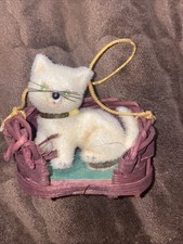 Vintage Handwork Kunstlerschutz West Germany Flocked Gray Whote Cat in Basket picture