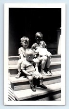 Old Vintage Photo BOYS AND BABY SITTING ON PORCH STEPS OF HOUSE SNAPSHOT picture