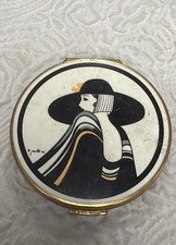 Vintage Stratton Compact Woman w/Hat & Scarf Art Deco Enamel in Gold Tone Metal picture