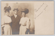 Postcard Young Man With Two Women Vintage Fashion Studio Portrait c.1906 RPPC picture