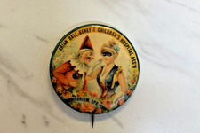 RARE vtg 1896 Whitehead & Hoag celluloid Halloween pin of Clown & masked woman picture