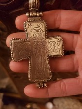 HUGE GREEK STERLING CROSS Pendant  FABULOUS DETAILED MOTHER OF GOD CROSS SAINTS  picture
