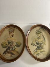 2 BEAUTIFUL VINTAGE VICTORIAN WATER COLORS PRINTS OF LADY IN OVAL FRAME picture