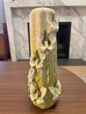 Vintage Hand Carved Sculpted Pillar Candle Green and White Wax picture