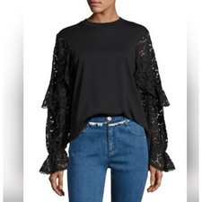 See By Chloe Ruffle Lace Sleeve Top Sz M Black EUC Designer Quiet Luxury Chic picture
