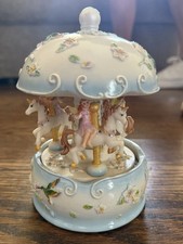 Vintage 1980s French Unicorn Carousel Music Box Fairies Swans Floral Rotating picture