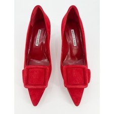 Manolo Blahnik Maysale 50 Red Suede Buckle Pointed Toe Pumps Box Size 38 picture