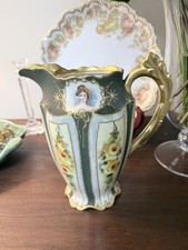 Antique French Limoges Porcelain Pitcher Art Nouveau Maiden Jeweled Gold Floral picture