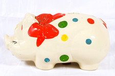 BIG Mid-Century Ceramic Piggy Bank Polka Dot Pig With Bow 13