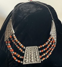 Antique Silver Yemenite Coral Necklace Tribal Jewish Wedding Filigree picture