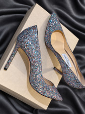 Jimmy Choo Romy 100 Bubblegum Mix Coarse Glitter Pumps EU 38 US 8 w/ Box Dustbag picture