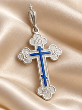 925 Sterling Silver Orthodox Cross Pendant Blue Enamel Christian Religious 1 1/2 picture