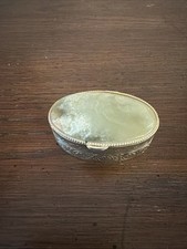 Vintage Italian Green Onyx Marble Pill Box Oval Ornate Gilt Metal Trinket Case picture