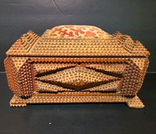 Antique Tramp Art Hinged Wooden Box w/ Latch picture