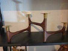 Mid Century Danish Articulating Folding Brass Teak Candelabra Candle Holder picture